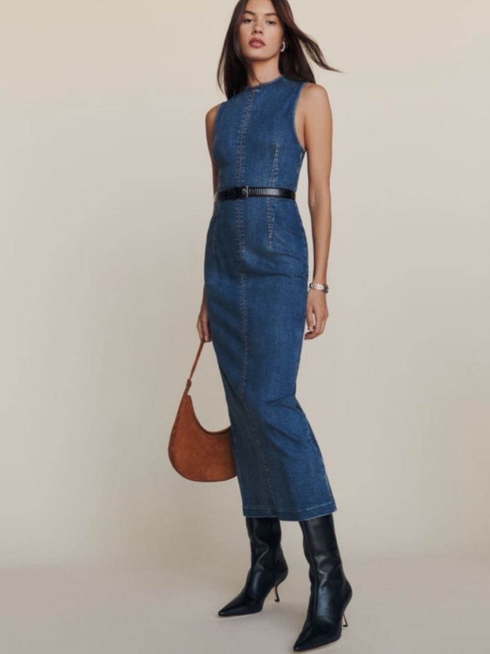 Reformation Kendi Denim Midi Dress Size 4 Sleeveless Column Dress